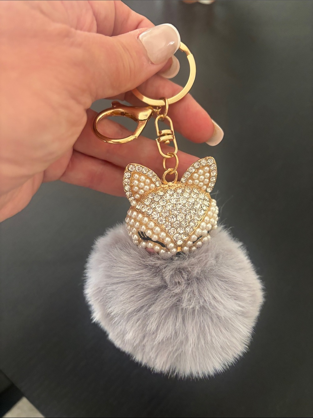 Gold Crystal Fox Pom Pom Keychain - Gray Faux Fur